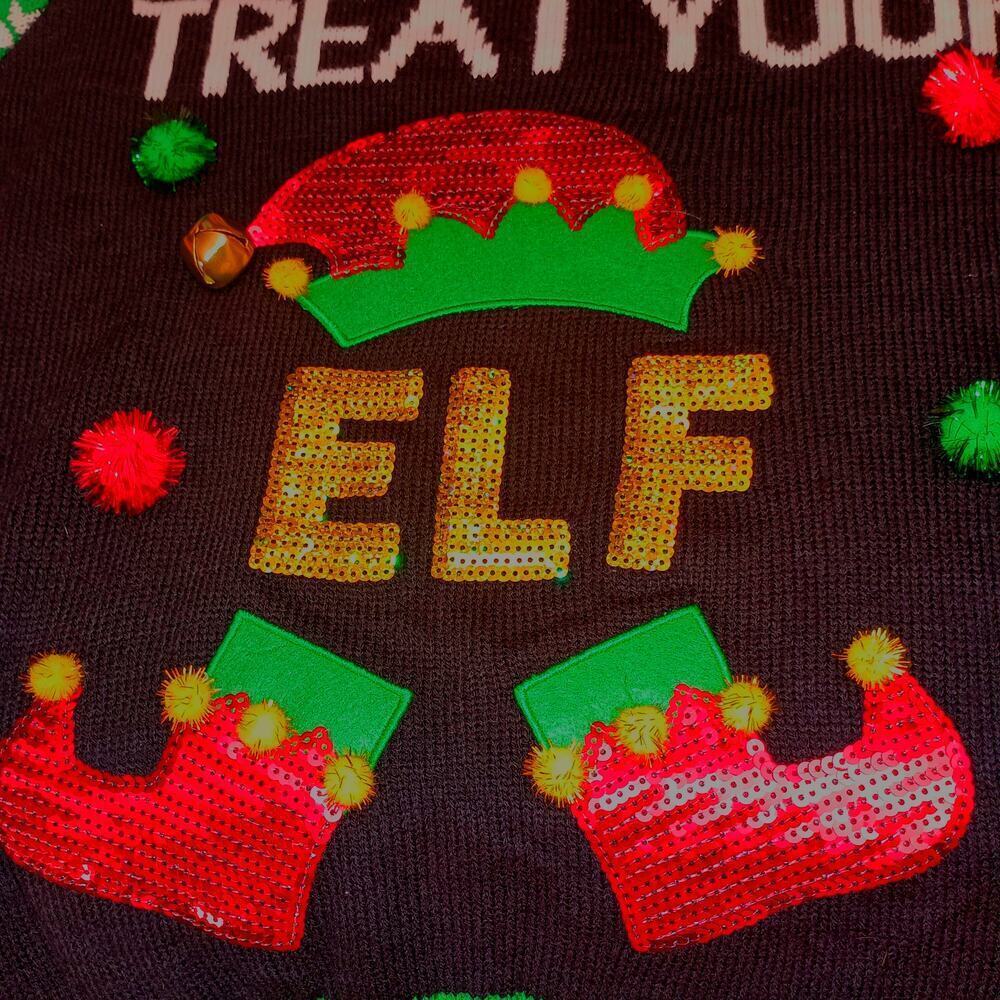 Christmas Sweater "Treat Your Elf" Ugly Sweater Sequins PomPom Bells NWT Size LG - Picture 4 of 10